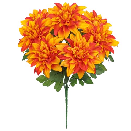 Hollyone Orange Artificial Dahlia Flowers Bush Fake Fall Flowers Artificial for Decoration Outdoor Indoor 7 Heads Silk Faux Dahlias Flower Bouquets Arrangements Centerpieces Fall Decorations for Home - color: Orange