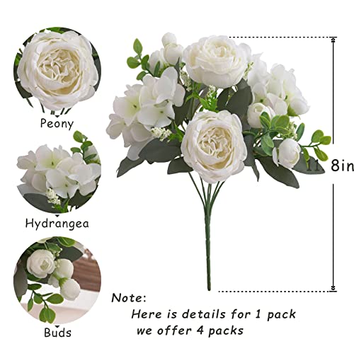 4 Bunches White Peonies Artificial Flowers for Decoration Faux Roses Fake Bouquet Arrangements Plastic Table Centerpiece Silk Flores for Vase Party Wedding Home Décor (White) - color: White