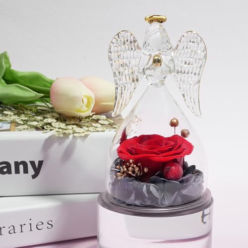 Miofula Gifts for Mom Birthday Gifts for Women, Preserved Flowers Rose in Glass Angel Figurines, Fresh Flowers for Delivery Anniversary Forever Real Roses Gifts for Mothers Grandma Her Wife Girlfriend - color: Red