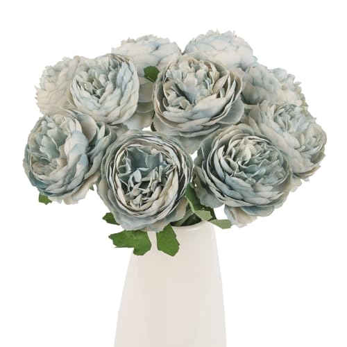 IPOPU 10pcs Grey Blue Peonies Artificial Flowers Silk Peonies with Stems Real Look Fake Peony for Home Table Decorations Wedding Faux Flowers Arrangements (Grey Blue) - color: Grey Blue
