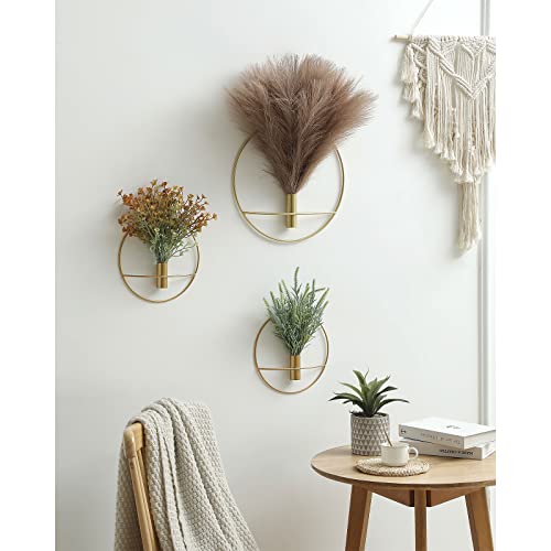 Pretty Jolly Boho Wall Decor, Large Wall-Mounted Metal Wall Decor, Hanging Artificial Pampas Display, Wall Art Living Room, Bedroom, Bathroom, Dining room, 2 Pack Gold Coffee - color: 01-pampas-coffee - Black Ring, size: L 11.8inch (Gold Ring)