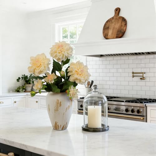 KBREE Dahlia Artificial Flowers, 3 Pcs Real Touch Cream White Flowers, 24.3” Long Stem Faux Dahlias in Natural Tones, Large Bloom Stems for Wedding Bouquet DIY, Table Centerpiece & Home Office Decor - color: Cream White