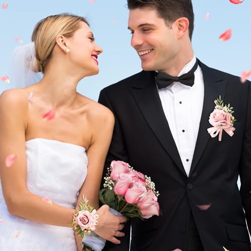 2 Pcs Pink Rose Wrist Corsage and Boutonniere Set, Rose Corsage Hand for Women, Boutonniere for Men Wedding Artificial Flowers Accessories Prom Decor, Wedding Party Accessories (Pink) - color: Pink