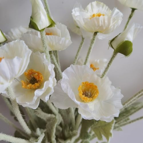Poppy Flowers Artificial， Poppy Silk Flowers with Stems，Ranunculus Artificial Flowers，Faux Flower Stems for Wedding,Party, Outdoor Indoor Decor Flower Arrangements for Table (3, White) - color: White