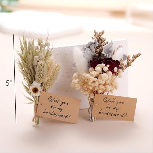 Mini Bouquet Proposal Gifts for Bridesmaid - Dried Rose with Baby's Breath, Natural Dried Flowers Decor for Bridesmaids Proposal Box, Romantic Wedding Keepsake for Bridal Shower Bachelorette Party - style: rose