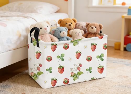 Essme Rectangular Kids Baskets,Strawberry Storage Box,Cute Basket for Kids with Handles for Room Decor, Book Bins,Shelf Basket.(Strawberry) - color: Strawberry