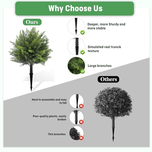 Artificial Topiary Cedar Tree Set of 2 Fuax Cypress Trees 26'' Artifcial Boxwood Bushes with Ground Spike UV Protection Fake Shrubs for Front Porch Balnocy Garden Decoration