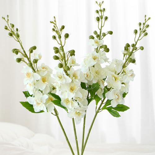 JINWOE White Artificial Flowers,4Pcs 26" Fake Delphinium with Long Stem for Tall Floor Vase,Large Lifelike Larkspur Plant Silk Flowers Home Wedding Office Party Arrangement Decoration - color: White