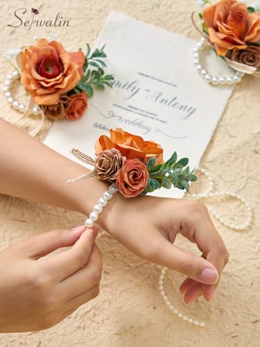 Serwalin 6 PCS Wrist Corsages for Wedding, Girl/Mother Bride Bridesmaids Corsages Wristlet Decor for Prom Wedding Anniversary Homecoming, Orange - color: Orange, size: Corsage 6pcs