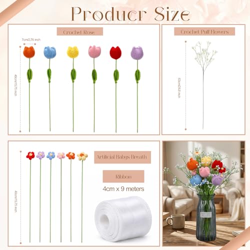 Suncalla 6 Bundle Mother's Day Crochet Flower Bouquet Handmade Crochet Rose Artificial Babys Breath Puff Flowers Bouquet Gift for Woman, Graduation Supplies(Multicolor,Tulip) - color: Multi Color, style: Tulip