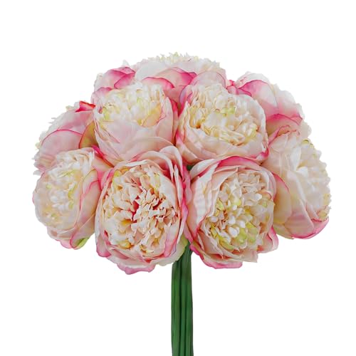 10PCS Champagne Realistic Silk Peonies Bouquet, Waterproof & UV Resistant Faux Peony Flowers, All-Weather Artificial Stems for Outdoor, Grave, Wedding Centerpiece & Home Decor - color: Champagne Purple