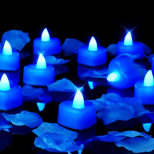 Amagic 1000 Pieces Blue Artificial Rose Petals with 12 Blue Heart LED Tea Lights, Rose Petals, and Candles Set for Proposal, Anniversary, Romantic Night, Wedding Decor - color: 12 Pcs Blue Candles + 1000 Pcs Blue Petals