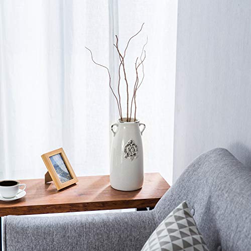 MyGift Farmhouse White Ceramic Vase with Handle and Embossed Seal Design, Antique Jug Shaped Tabletop Flower Vase