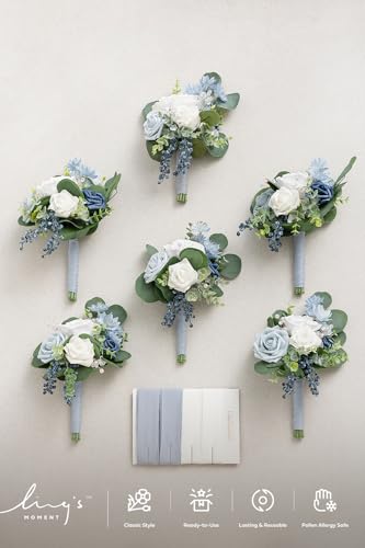 Ling's moment Artificial Bridesmaid Bouquets Set of 6,Dusty Blue Wedding Flower Bouquets White Rose Floral Bouquet Bridal Bouquets with Ribbon,Ceremony,Anniversary,7-inch Diameter - color: Blu-dusty Blue & Navy Blue