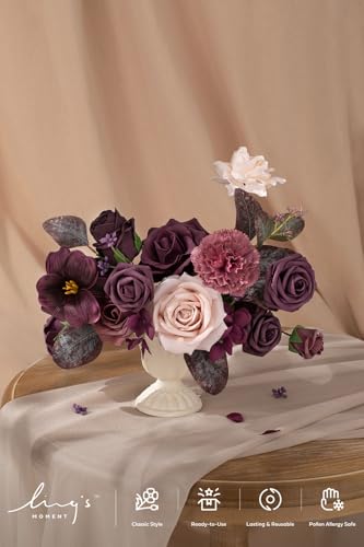 Ling's moment Fake Flowers Box, Faux Artificial Greenery Stems Foam Roses Gardenias Silk Hydrangea Ranunculus Fabic Flower for Centerpieces Bouquet Wedding Vase, Plum & Plum Lily, Deluxe Combo - color: Plum & Plum Lily
