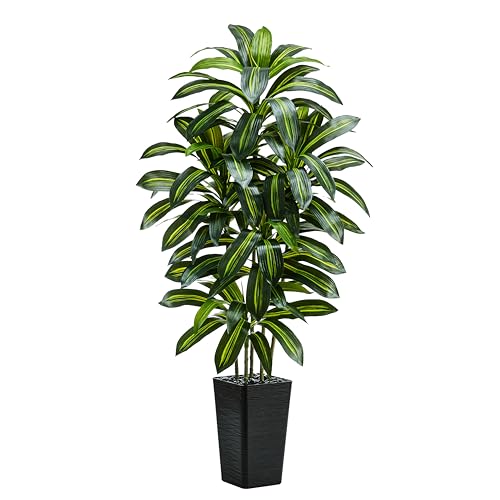 Artificial Dracaena Tree：6FT Faux Silk Tropical Yucca Floor Trees Realistic Fake Green Plant with Natural Wood Trunk & Lifelike Leaves for Home Office Decor Indoor & Outdoor (6FT,1-Pack,Black) - color: Dark Green – Black Pot, size: 6FT