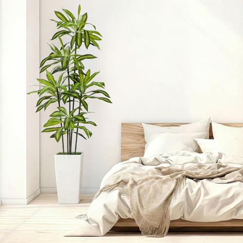 Giegxin 2 Pack 6 FT Artificial Dracaena Tree, Indoor Fake Tree with Black Stable Planter, Natural Wood Trunk & Lifelike Leaves Dracaena Plants for Home Living Room Porch Office Housewarming Gift - size: 6 ft