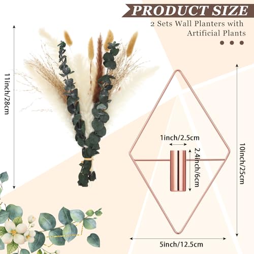 Canlierr 4 Pcs Rose Gold Wall Decor Hanging Planters with Artificial Plants Eucalyptus Pampas Grass Metal Hanging Vase Indoor Plants Holder Modern Boho Wall Art for Bathroom Bedroom Living Room Decor - color: Rose Gold, size: Pampas Grass, Eucalyptus