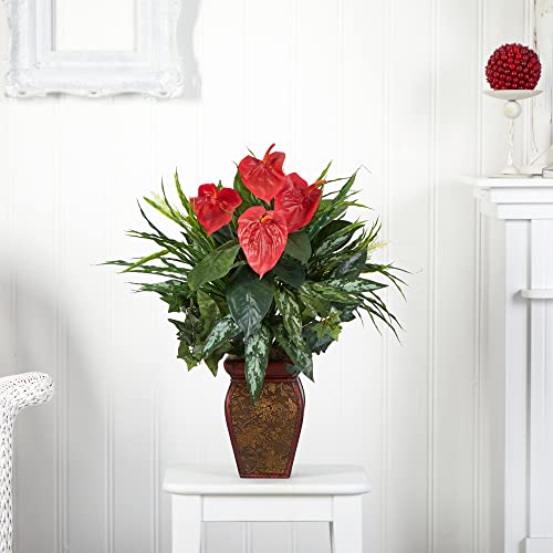 Nearly Natural Mixed Greens & Anthurium with Decorative Vase Silk Plant