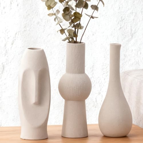Ceramic Vase Set of 3 White Home Decor Modern Farmhouse Style Living Room Ornament Dining Table Room Pottery Small Vases for Dried Flowers - color: Vt13 White