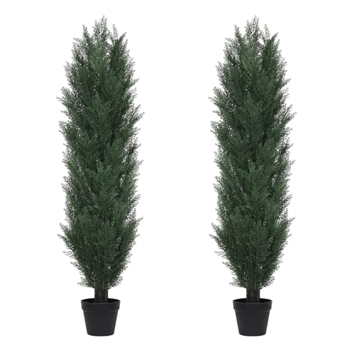 THE BLOOM TIMES 5ft Topiary Trees Artificial Outdoor Set of 2, UV Resistant Faux Cedar Pine Cypress Bushes & Shrubs, Fake Plants for Front Porch Outside Planter Patio Decor 5 Foot Tall - color: Dark Green Cedar Trees, size: 5 Foot