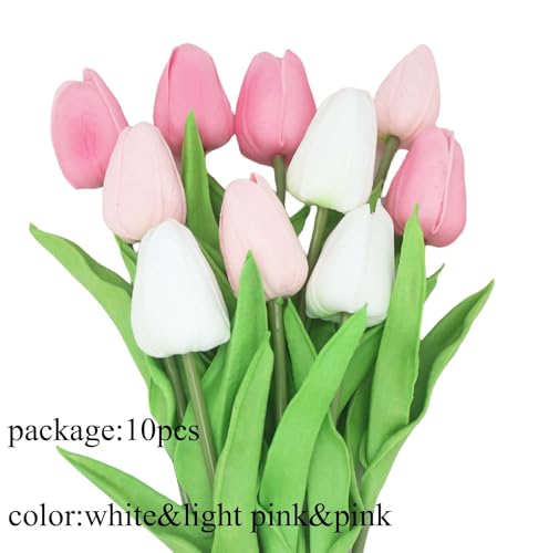 Artificial Flowers 10 Heads Mini Real Touch Artificial Tulip Multicolor Bouquet for Home Wedding Party Centerpiece Decoration (Pink&White&Light Pink) - color: Pink&white&light Pink