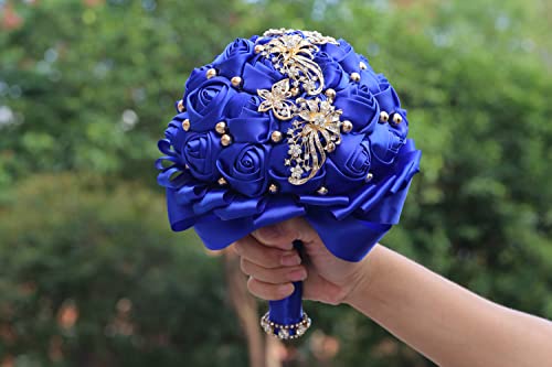WIFELAI-A Golden Rhinestone Brooch Wedding Flowers Bridal Bouquets Crystal Bride Holding Bouquet White Ivory Satin Roses with Diamond - color: Royal Blue