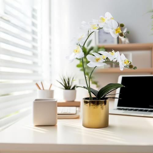 17” Artificial Orchid Flowers Potted,Realistic Faux White Flowers in Pots for Bathroom Kitchen Home Office Living Room Table Decor Indoor Outdoor - color: White