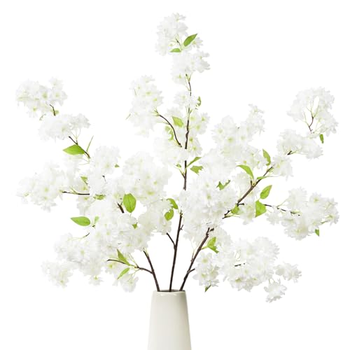 3 Pcs White Cherry Blossom Branches,40 inch Realistic Artificial Spring Flowers Long Stem, Fake Flowers for Tall Vase Home Outdoor Wedding, Party Table Centerpiece Floral Arrangements Decor - color: White