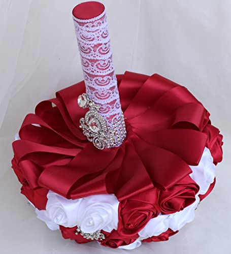 Sharebeauty 7.1" Handmade Satin Rose Bridal Bouquet Toss Round Wedding Bouquet Throw Toss Artificial Flower Bunch Dark Red + White - color: Dark Red/White, size: 7.1"/18cm