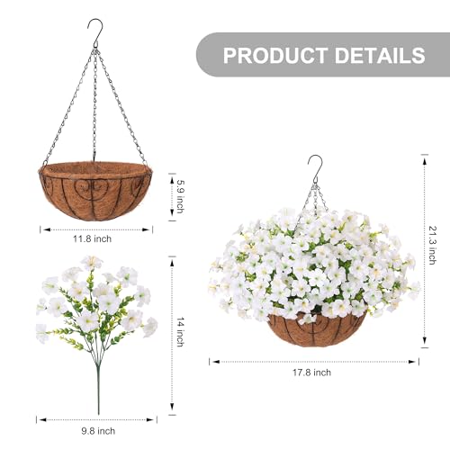 INSPRING Artificial Faux Hanging Flowers Plants Basket for Outdoors, UV Resistant White Fake Silk Morning Glory Realistic Petunia Outdoor Hanging Flowers for Outside Patio Porch Garden Home Decor - color: White