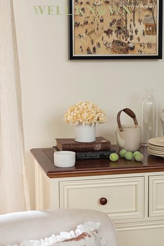 Fake Silk Hydrangea Flowers in Vase, Artificial Flowers with White Ceramic Vase, Small Potted Floral Arrangement for Home Kitchen Counter Vanity Coffee Table Centerpiece Bathroom Decor (Champagne) - color: Hydrangea, Champagne