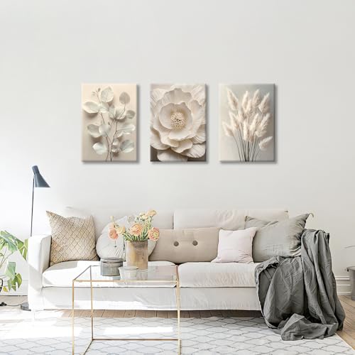 WENGTIAO 3Pcs Beige Floral Botanical Frame Canvas Wall Art, Neutral Textured Flower Plant Wall Painting Picture Wall Decor Vintage Blossom Prints for Bedroom Living Room Reay to Hang 16"x24"x3Pcs - color: Flower-White botanical, size: 16"x24"x3Pcs