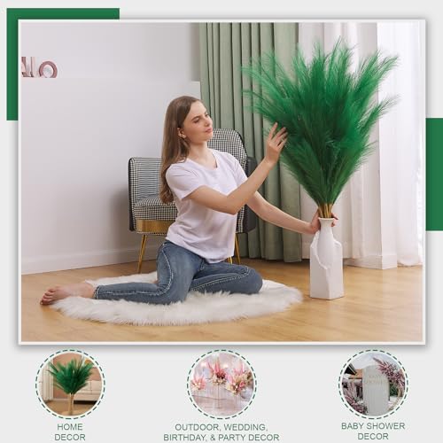 7 Pcs 45" Faux Pampas Grass – Fluffy Artificial Pompous Grass for Tall Floor Vase, Non-Shedding Home Decor, Boho Wedding Flowers, Baby Shower Centerpieces, Bedroom & Living Room Decor (Green) - color: Green