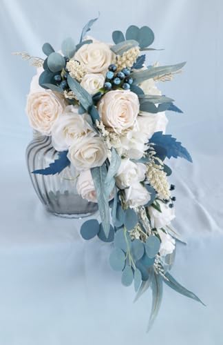 10.2 Inch Cascading Bridal Bouquet Waterfall Cascade Bridal Wedding Bouquet for Bride Rustic with Artificial Champagne Rose Flower and Peacock Blue Leaves - color: Champagne Rose & Peacock Blue Leaves