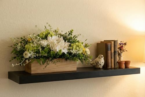 Spring Summer Centerpiece for Table, 18" L Lifelike Artificial Flowers in Rustic Whitewashed Rectangular Wood Box, Lush Spring Faux Floral Arrangement Farmhouse Mantel Shelf Kitchen Island Decor