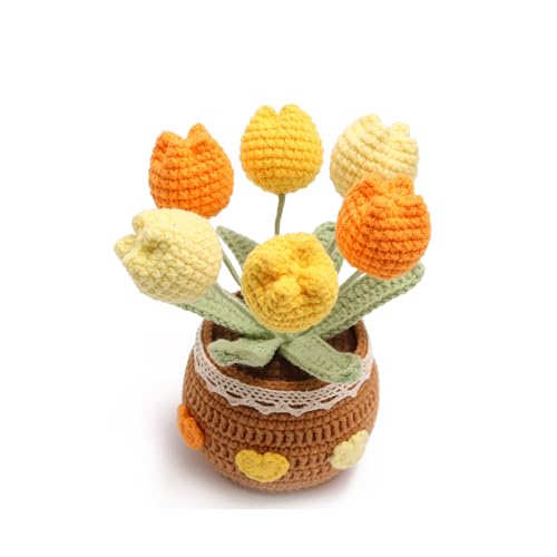 Handmade Tulips, Hand-Woven Flowers, Crocheted Tulips, Artificial FlowersTulipsBirthday Gifts for Family and Girlfriends, Home Office Decoration, Graduation Anniversary (6 Flowers-Yellow) - color: Yellow a, size: A
