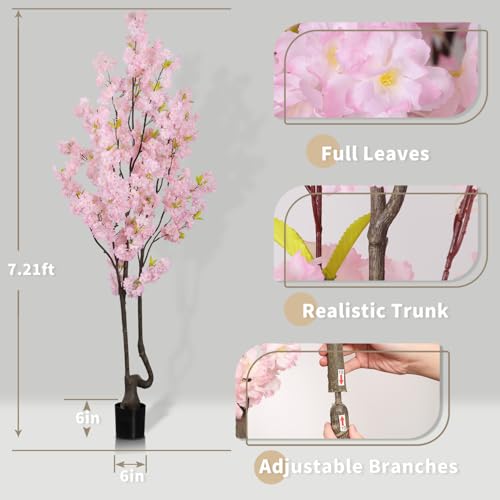 Artificial Pink Cherry Blossom Tree 7ft(84in) Faux Floor Green Plant for Indoor Decor Natural Potted Tree Realistic Cherry Flowers Wood Trunk for Home Living Room,Office Perfect Housewarming Gift - color: Cherry Blossom(pink 3), size: 7ft
