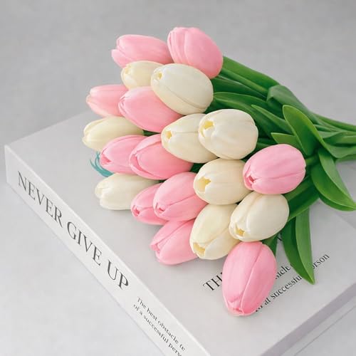 20 Pcs Tulips Artificial Flowers, 13.5'' Real Touch PU Fake Flowers Bouquet for Home Party, Spring Wedding Floral Arrangement, Valentine's, Easter and Mother's Day Decor (Cream,Pink) - color: Cream,pink