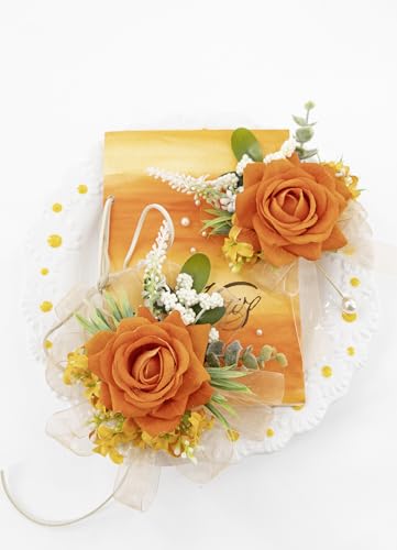 Orange Corsage and Boutonniere Set, Corsage Wristlet for Women and Boutonniere for Wedding Prom Homecoming, Artificial Rose Flowers Boutonniere and Wrist Corsage - color: Orange