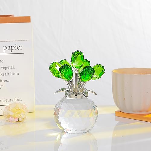 Green Rose Flower Crystal Figurine with Vase, Bouquet Flowers Ornament Gifts for Wife Girlfriend Women , Handmade Crystal Flower Collectible Home Table Decor for Valentine's Day Wedding Anniversary - color: Green -Crystal Rose