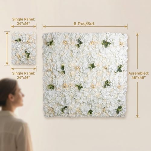 3D Flower Wall Backdrop - 6Pcs 16×24 Inch Artificial Rose Panels White Silk Floral Decor for Home Party Wedding Anniversary Birthday Photographic Studio Background & Decorative Fences - color: White, size: 6PCS-16x24