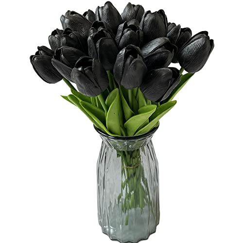 UKELER 24 Pcs Black Flowers Tulip Artificial Flowers Real Touch PU Tulip Flowers for Home Decorations Centerpieces Arrangement Wedding Bouquet - color: Black