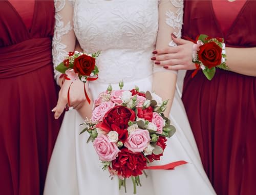 CherishedMoments Corsage and Boutonniere Set, Red Rose Handmade Artificial Flower Wrist Corsage and Groom Boutonniere for Men Wedding, Bridesmaid Hand Flower for Wedding,Prom Suit Decorations - color: Red