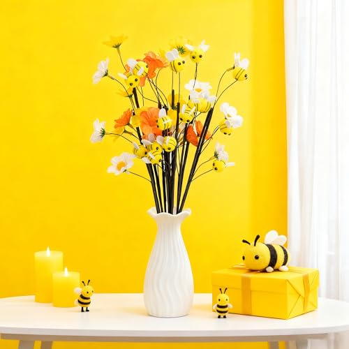 Watayo 24 Pcs Felt Bee Stems with Artificial Flowers Picks, Felt Honeybee Branches Floral Decorative Picks, Bees Daisy Stems Spray Vase Fillers for Table Centerpiece Tree DIY Craft Home Party Decor - color: Bees Flowers-24pcs