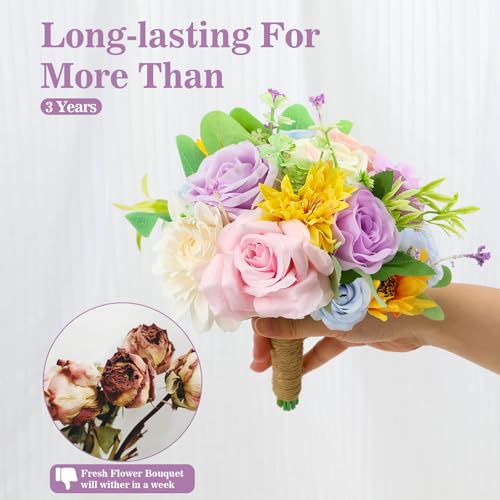 Wildflower Bridesmaid Bouquets 6 Pcs - Pre-Made Spring Artificial Flower Bouquets for Vintage Wedding Bridal Shower Graduations Anniversary Marriage Proposal -7 Inch - color: Wildflower, size: 6pcs Bouquets