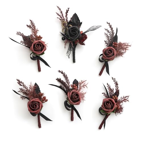 Ling's Moment Boutonniere for Men Wedding,Set of 6 , Groom and Groomsmen Boutonniere for Wedding Homecoming Halloween Ceremony Anniversary, Dinner Party, Prom Flowers and Fall Vintage Wedding - color: Blk-black & Gothic Burgundy