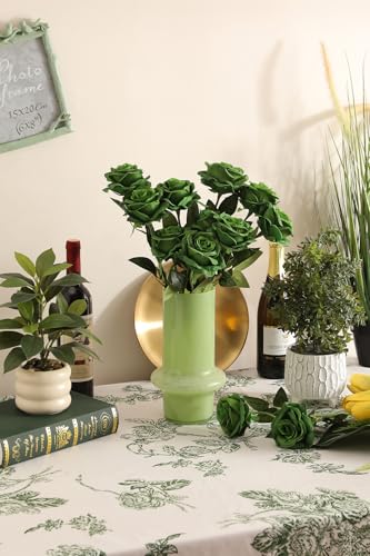 Luyue 10PCS Artificial Roses Flower with Stems Slik Fake Flowers Bouquet Realistic Long Stem Faux Rose for Valentines Day Wedding Home Decor - color: Dark Green