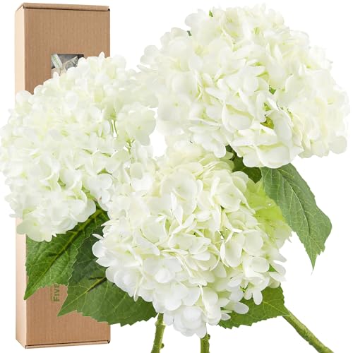 FiveSeasonStuff Snowy White Real Touch Hydrangea Flowers – 3 Large Stems Artificial Hydrangeas for Wedding Bouquets, Centerpieces & Home Table Decor – Gift Box Included - color: Snowy White Bloom (3 Stems)