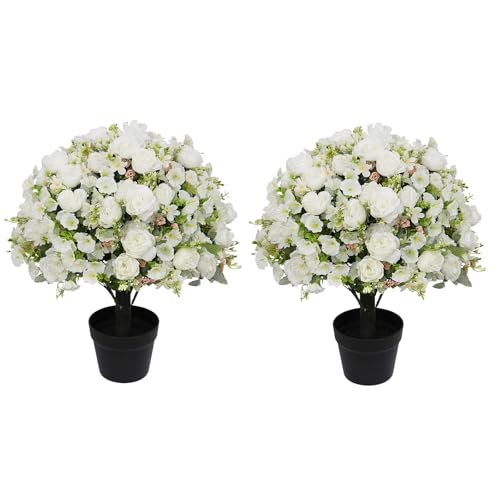24" Artificial Potted Flowers for Outdoors Set of 2 - UV Resistant Faux White Silk Peonies with Eucalyptus Plants in Cement Pots for Outside Front Porch Home Indoor Decor - color: White, size: 24" Classic Peony